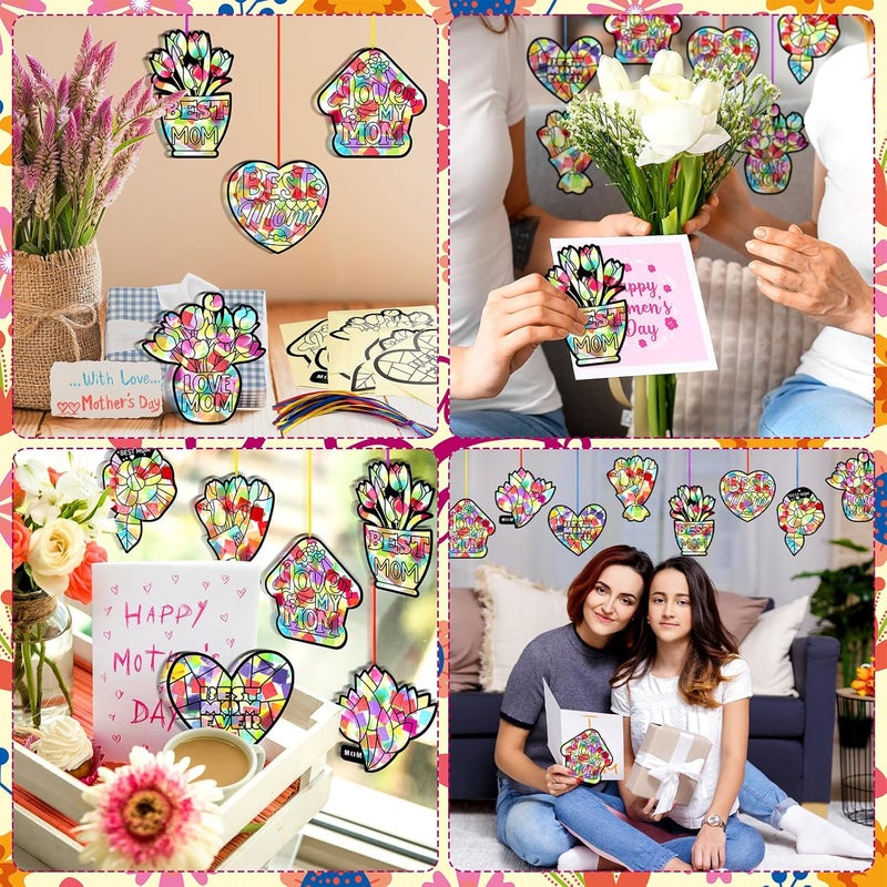 Eersida 32 Pcs Mothers Day Suncatchers Paper Craft Set DIY Flower Shaped Stained Glass Tissue Paper Kits Bulk for Activities Window Art Party Decorations Gift - Image 5